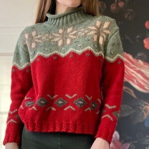 Eddie Bauer Red & Green Nordic Turtleneck Sweater Vintage 100% Wool